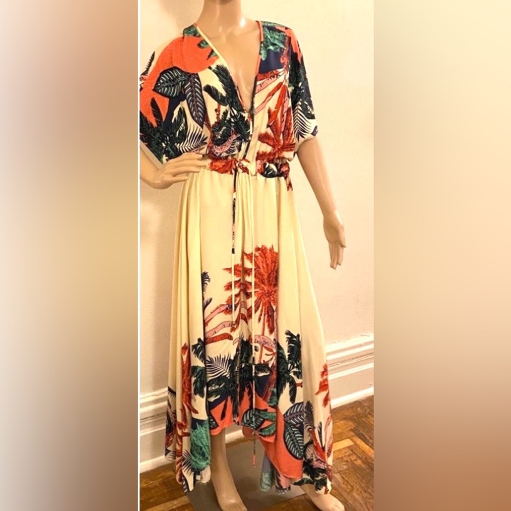 Rare Vintage Turkish Kaftan ladies robe dramatic print of palm trees and plants
